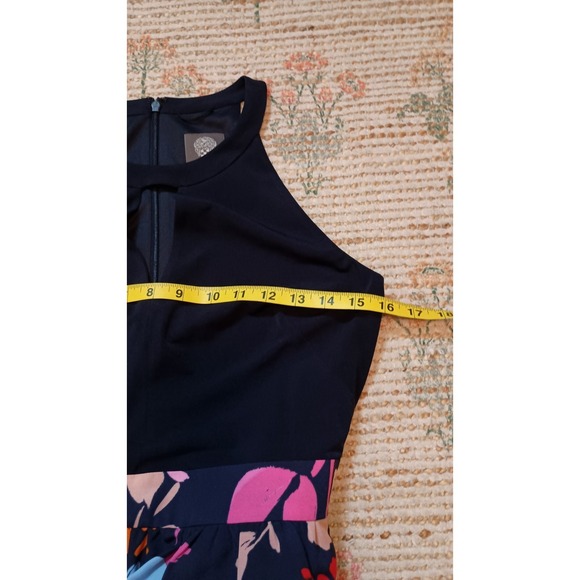 Vince Camuto Sz 6 Navy Floral Maxi Dress Halter Keyhole Belted Party Guest Chic - Picture 8 of 9